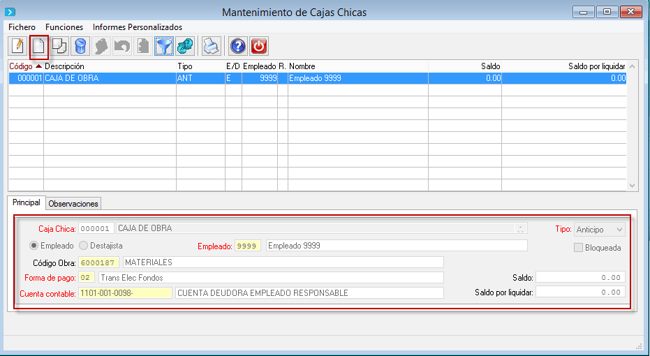 Interfaz de usuario para dar de alta caja en el menú Administración / Caja Chica