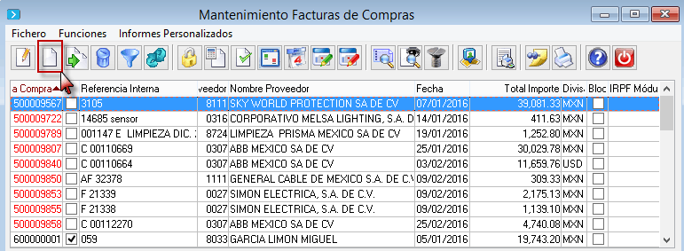 Interfaz para el registro de facturas de compra en el menú de Compras / Facturas