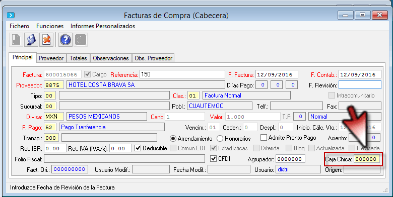 Detalle de la interfaz de registro de una factura, asignando la caja correspondiente