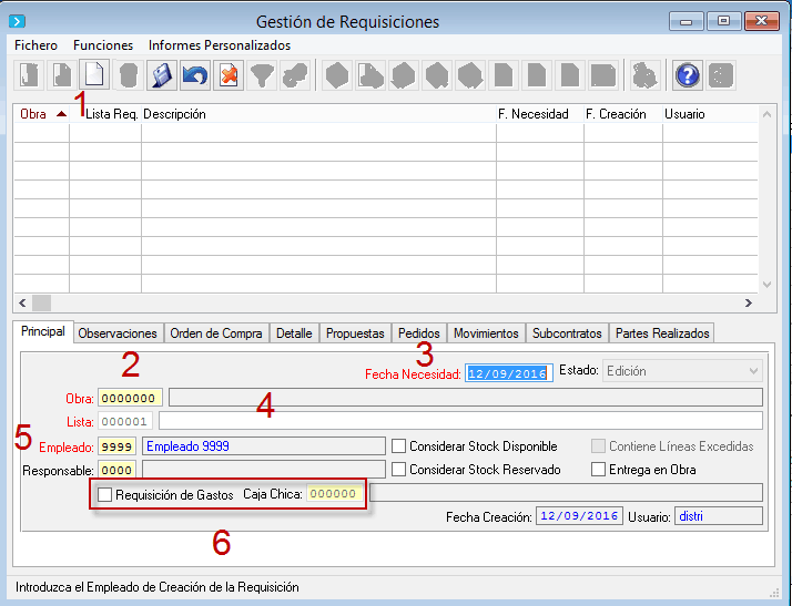 Proceso de creación de la requisición de viáticos en el menú de Gestión de Obras / Proyectos