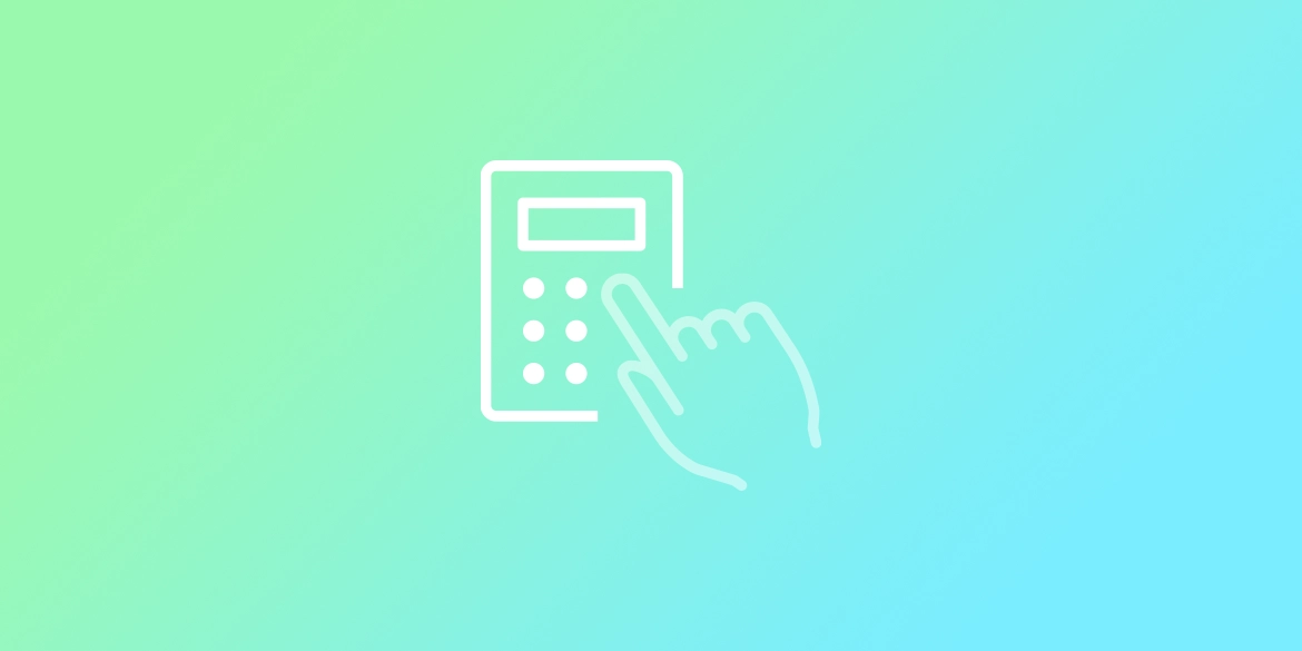 Icono de una calculadora con una mano superpuesta que simboliza el uso de esta calculadora en un fondo con los colores de Telematel