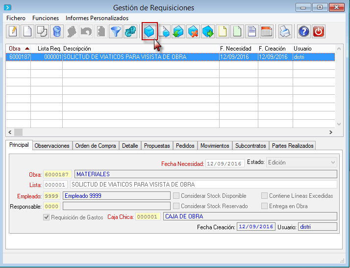 Detalle de la requisición de servicios con categorías como Hotel, Comidas, y Hidratantes