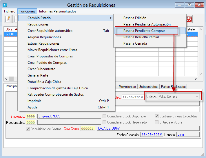 Estatus de requisición pendiente de compra para realizar la comprobación