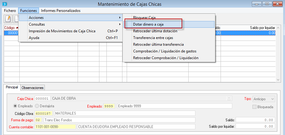 Continuación del proceso de registro de fondos en la caja